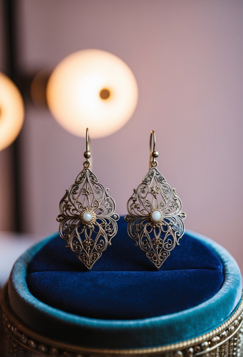 A pair of intricate Art Deco filigree earrings displayed on a velvet cushion with soft lighting highlighting their delicate details