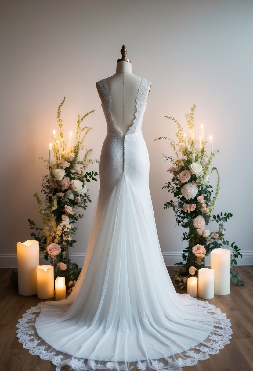 A flowing, laceless wedding gown on a mannequin, surrounded by delicate floral arrangements and soft candlelight