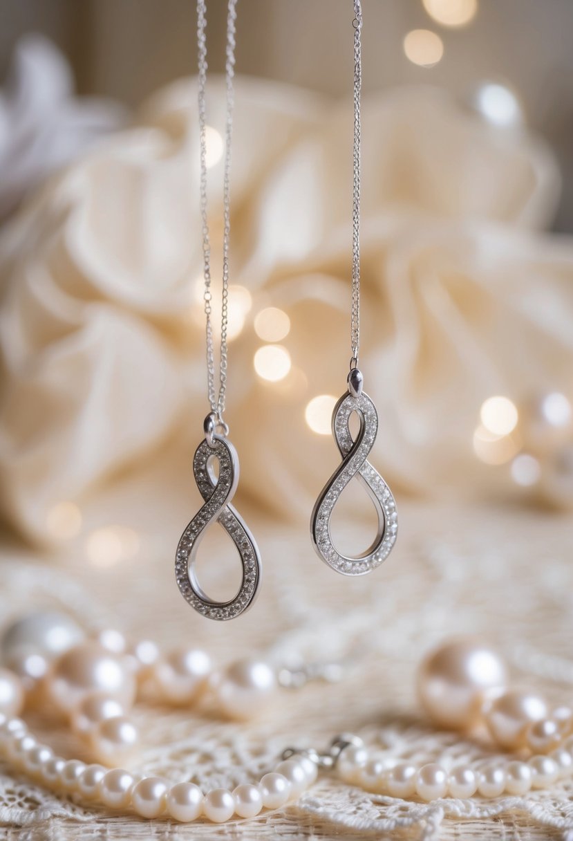 A pair of delicate infinity loop earrings suspended in mid-air, casting a soft glow against a backdrop of elegant lace and shimmering pearls