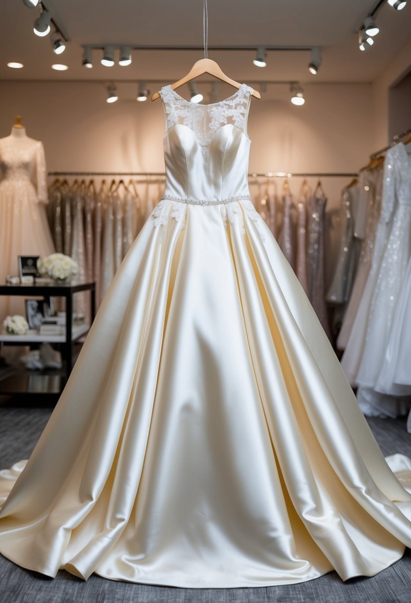 A sleek satin ball gown with no lace, flowing gracefully on a hanger in a softly lit bridal boutique