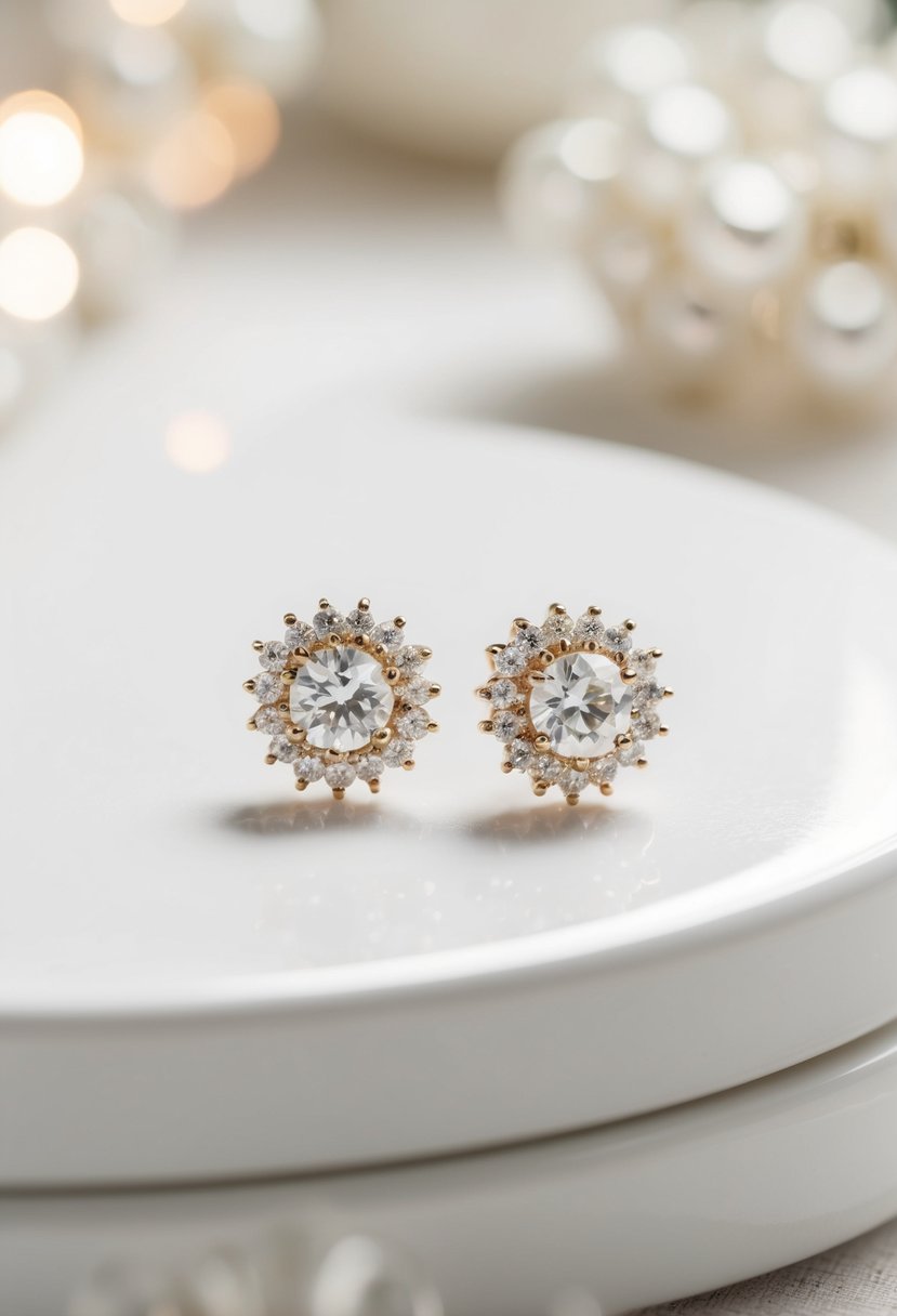 Delicate pearl and crystal bridal earrings on a clean, white surface with soft, natural lighting