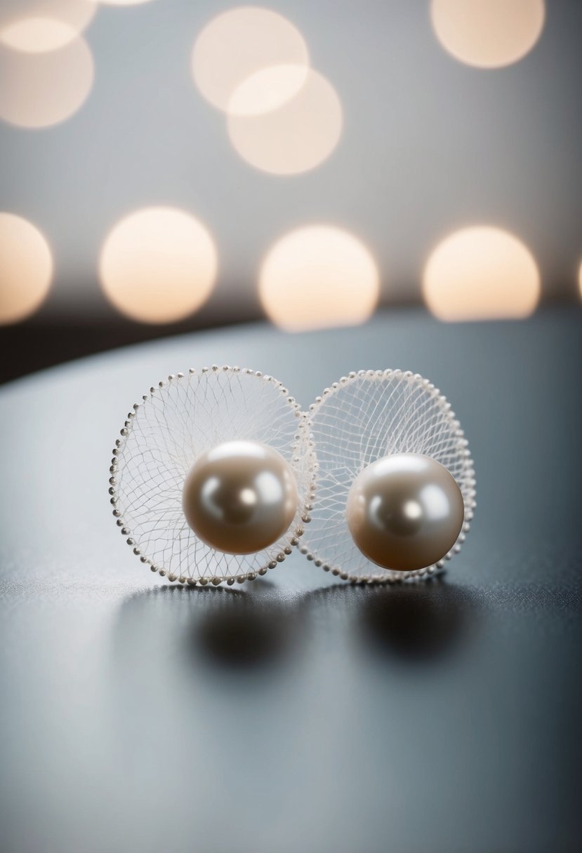 A pair of delicate pearl-detailed veil earrings, resting on a smooth, reflective surface with soft, diffused lighting