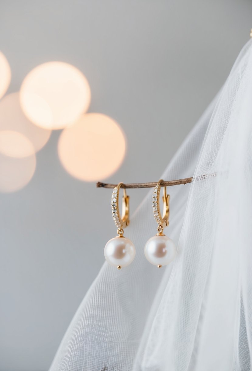 A close-up of delicate pearl-detail wedding earrings displayed on a minimal, elegant veil