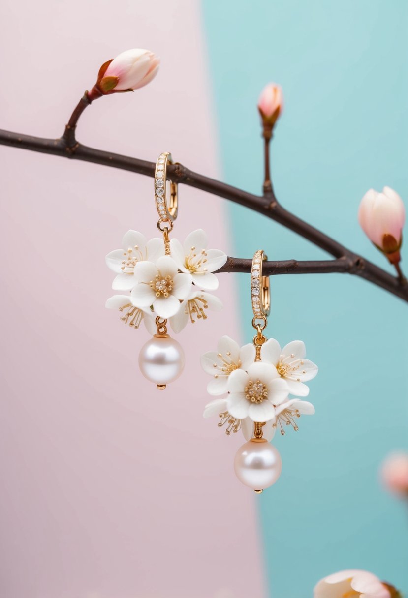 A pair of delicate cherry blossom earrings with pearl details, set against a minimalist backdrop of soft pastel colors