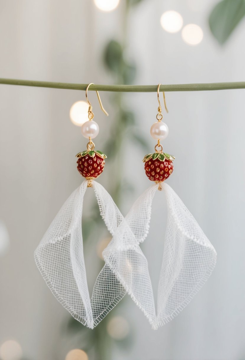 A pair of delicate dewberry pearl-detailed veil earrings, suspended against a soft, ethereal backdrop, capturing the essence of minimalistic wedding elegance