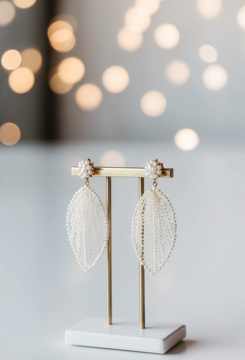 A pair of delicate pearl-detail veil earrings displayed on a white minimalist background