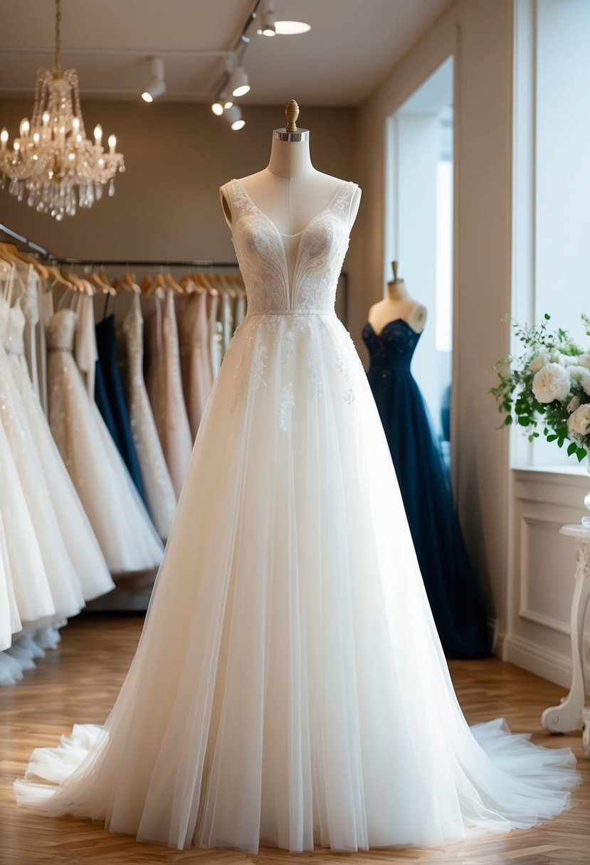 An elegant A-line tulle wedding dress displayed on a mannequin in a sunlit bridal boutique