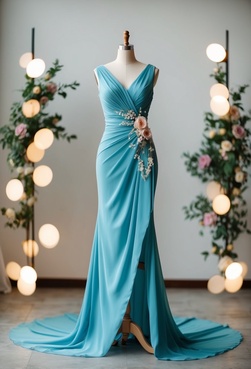 A flowing chiffon sheath gown drapes elegantly on a mannequin, adorned with delicate floral details and a subtle train