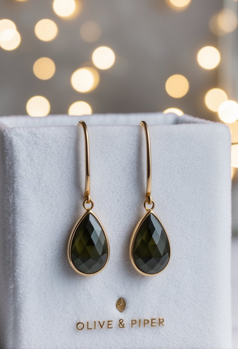 A pair of Blair Drop Earrings by Olive & Piper displayed on a white velvet background with soft lighting to showcase their delicate and minimal design