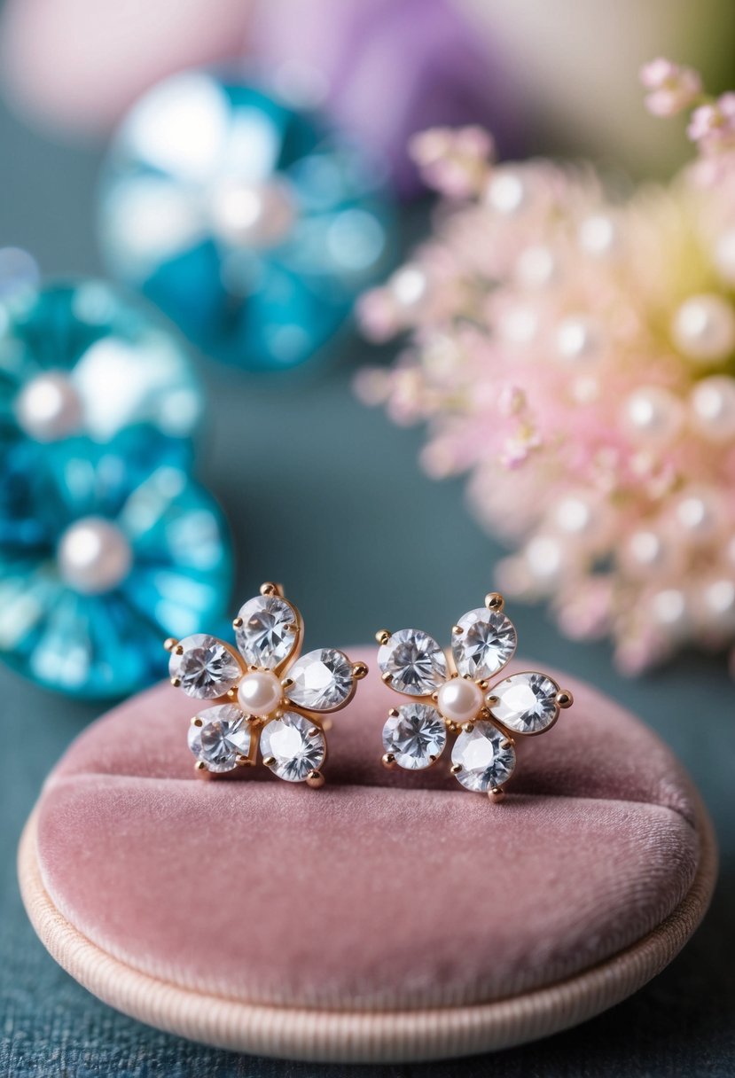 A small pair of sparkling, flower-shaped earrings, adorned with delicate pearls and pastel-colored gemstones, sit on a velvet cushion