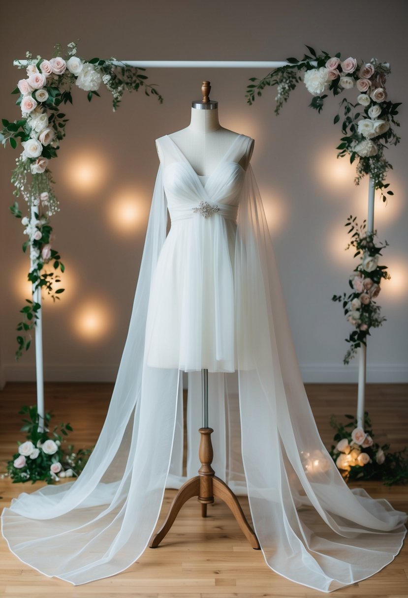 An elegant organza wedding dress draped over a mannequin, surrounded by soft lighting and delicate floral accents