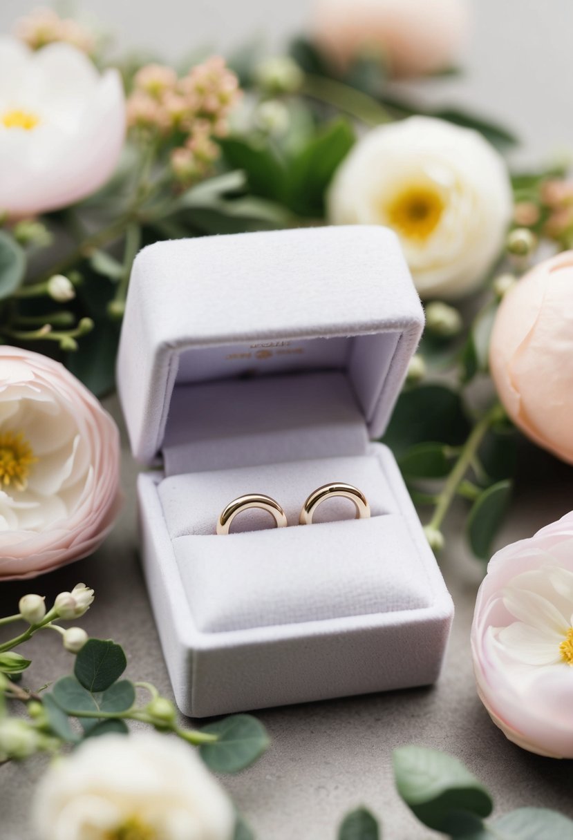 A white velvet ring box with delicate small hoop earrings inside, surrounded by soft pastel flowers and greenery