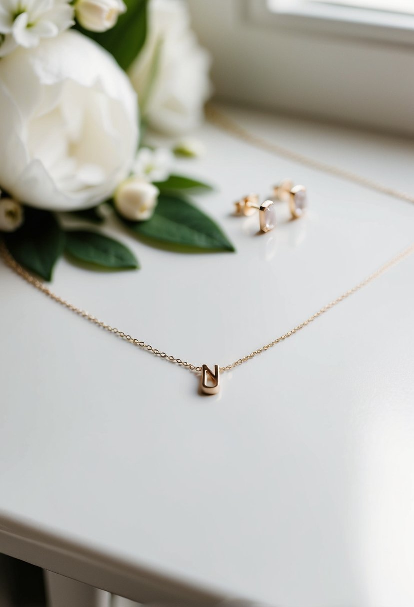 A delicate initial necklace and simple wedding earrings on a clean, white surface with soft, natural light