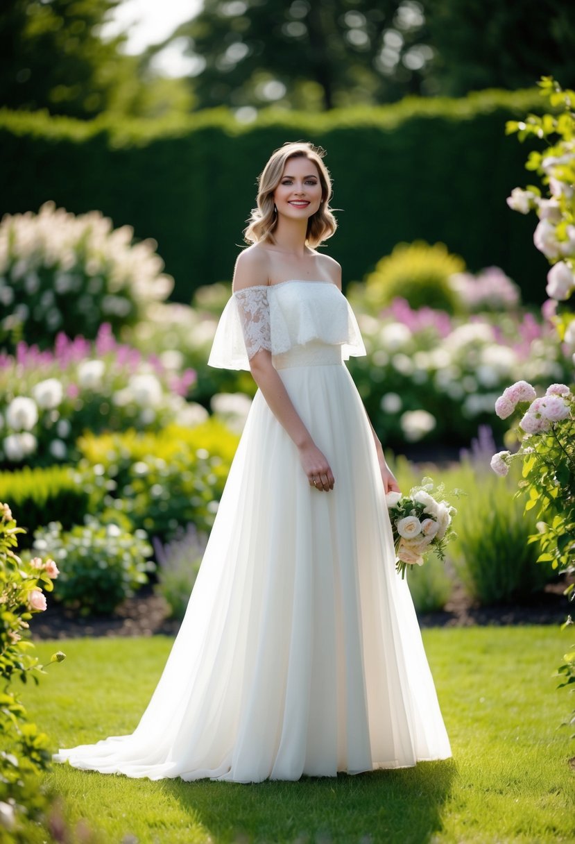 A bride standing in a garden, wearing a flowy off-shoulder wedding dress with no lace, surrounded by blooming flowers and greenery