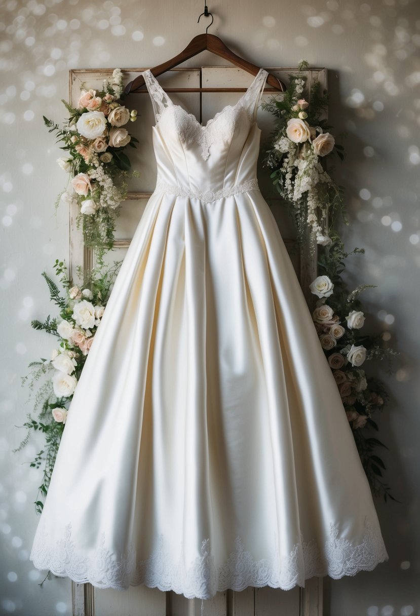 A vintage-inspired satin wedding dress hanging on a rustic wooden hanger, surrounded by delicate floral arrangements and antique lace details