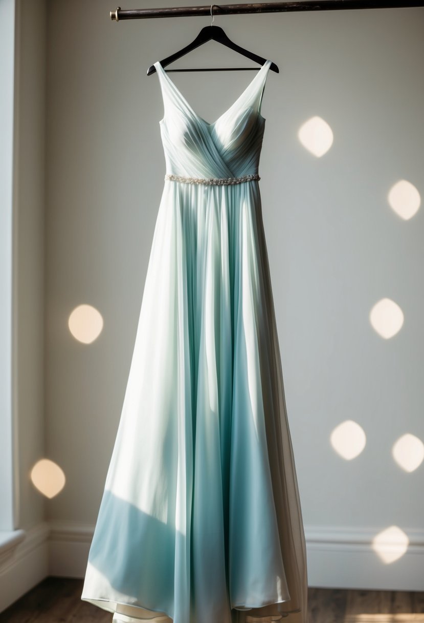 A flowing opaline gown hanging on a hanger, bathed in soft light