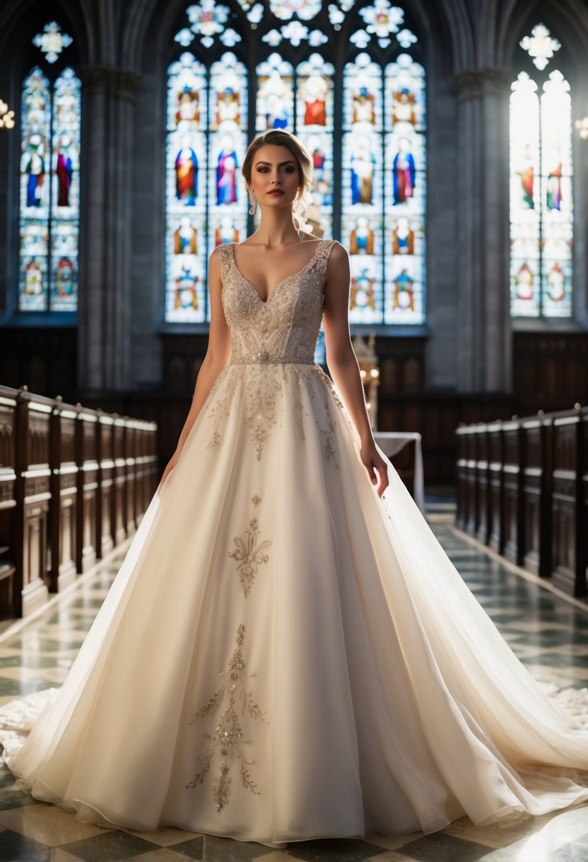 A bride in a flowing empire waist gown, adorned with intricate beadwork and delicate embroidery, stands in a grand cathedral surrounded by ornate stained glass windows