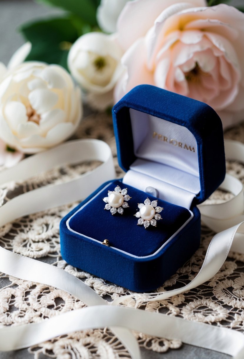 A delicate pair of pearl and diamond earrings displayed on a velvet jewelry box, surrounded by floral lace and ribbon