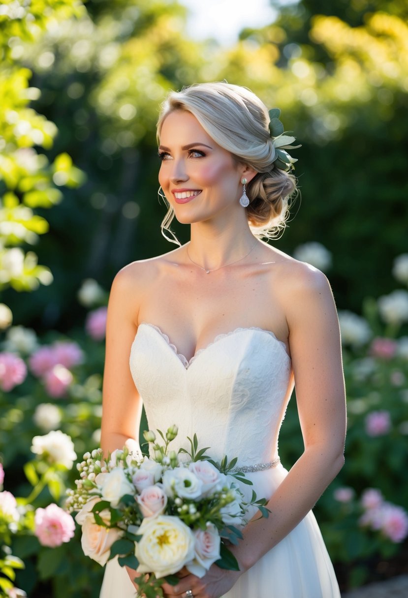 A bride standing in a sunlit garden, wearing a classic sweetheart neckline wedding dress with no lace, surrounded by blooming flowers