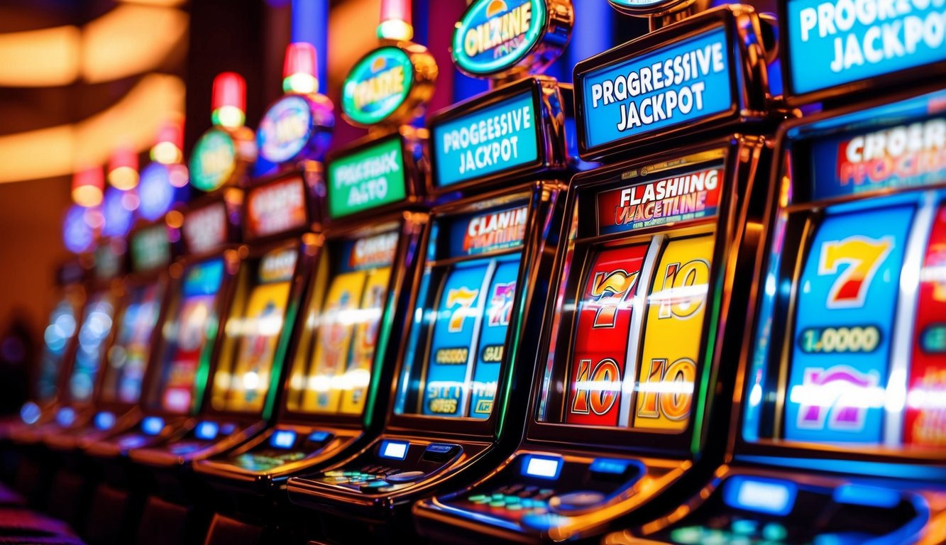 Sebuah mesin slot online berwarna-warni dengan lampu berkedip dan jackpot progresif yang terus bertambah