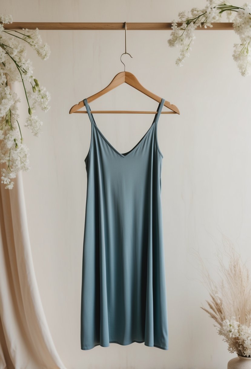 A simple slip dress hangs on a wooden hanger against a soft, neutral backdrop, with delicate floral accents