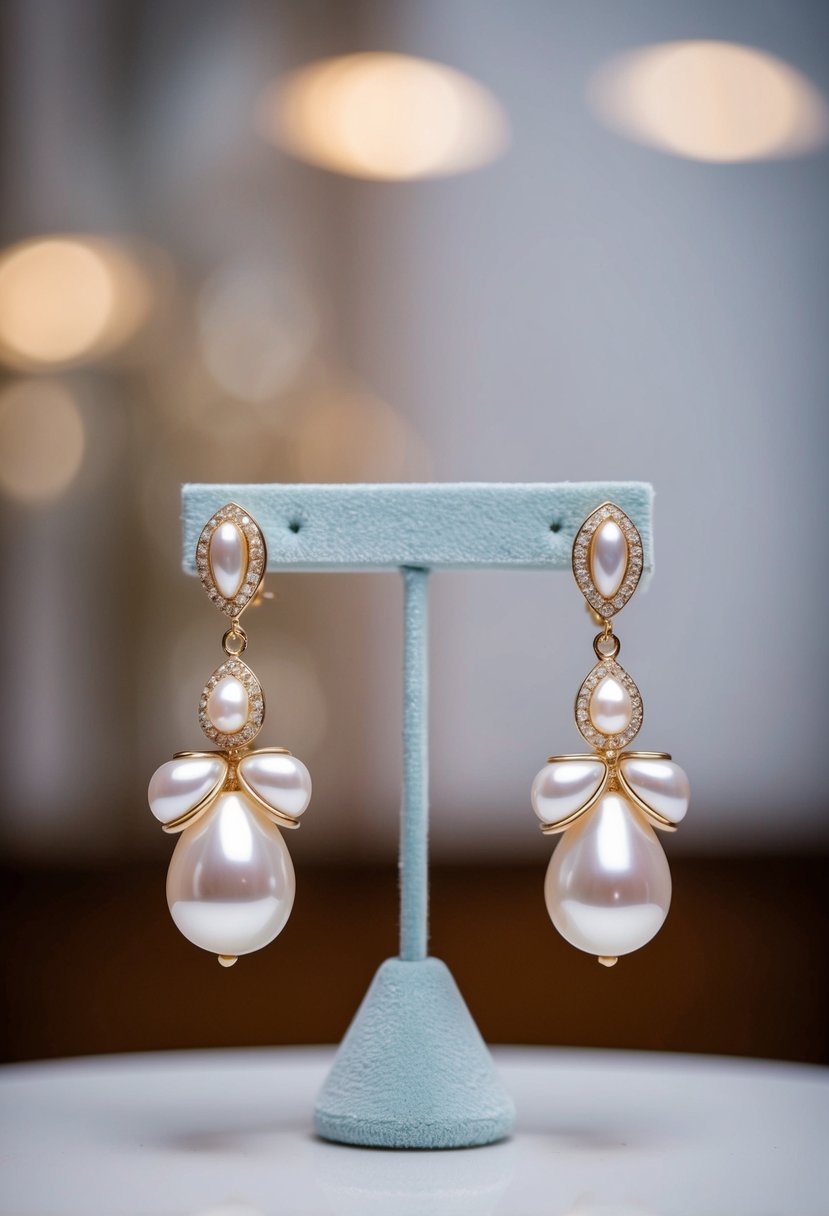 A elegant pair of pearl drop earrings displayed on a velvet jewelry stand