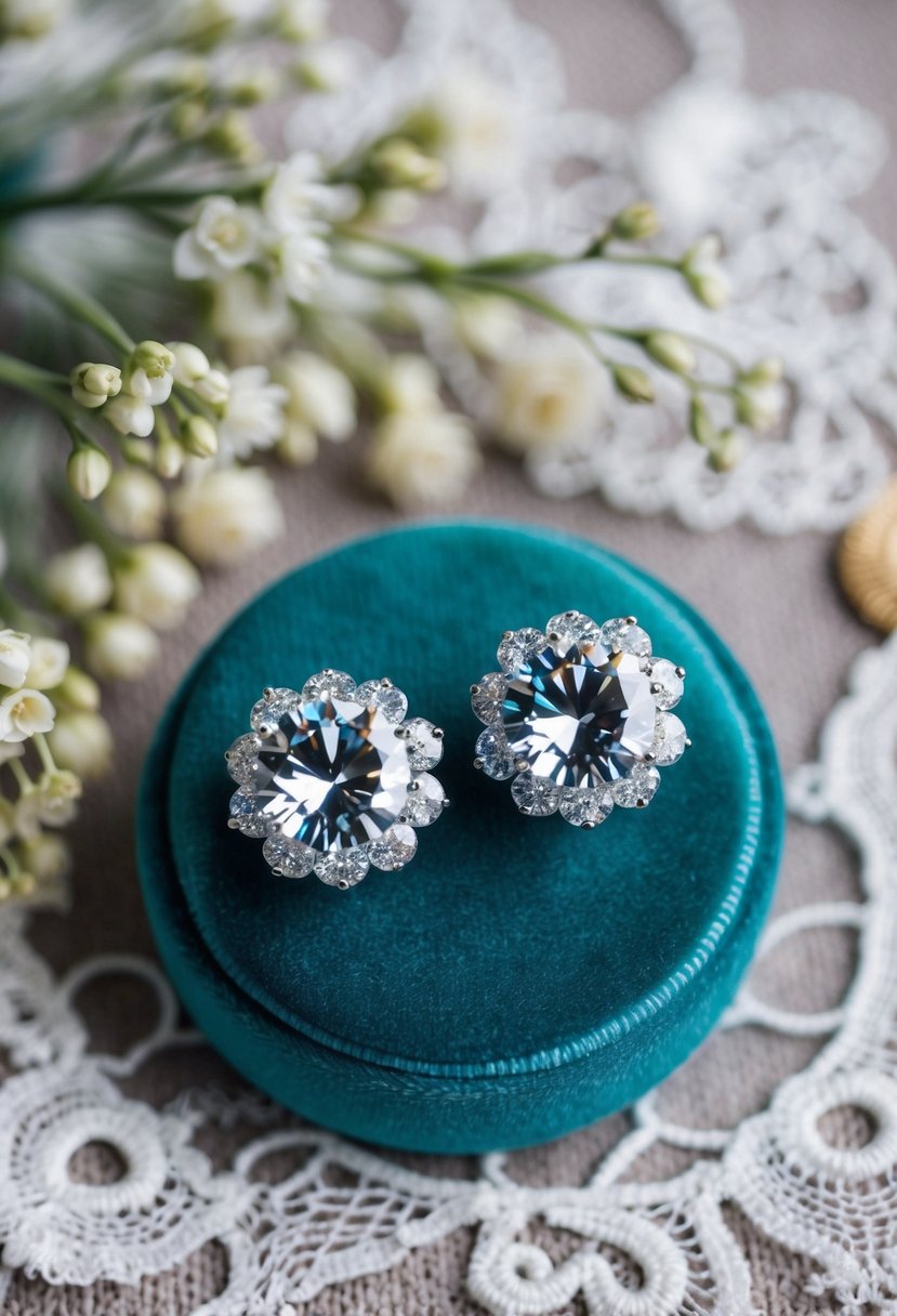 A pair of Cubiz Zirconia Crystal Earrings displayed on a velvet cushion, surrounded by delicate lace and floral details