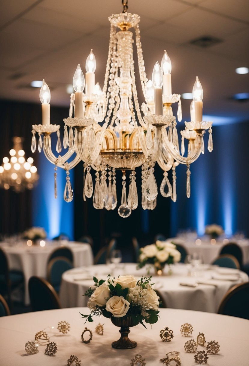 A vintage chandelier hangs above a table scattered with mother of the bride wedding earrings