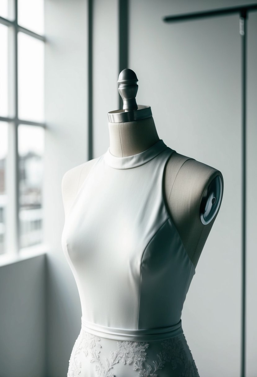 A mannequin wearing a sleek halter neck style wedding dress, with no lace, against a minimalist backdrop