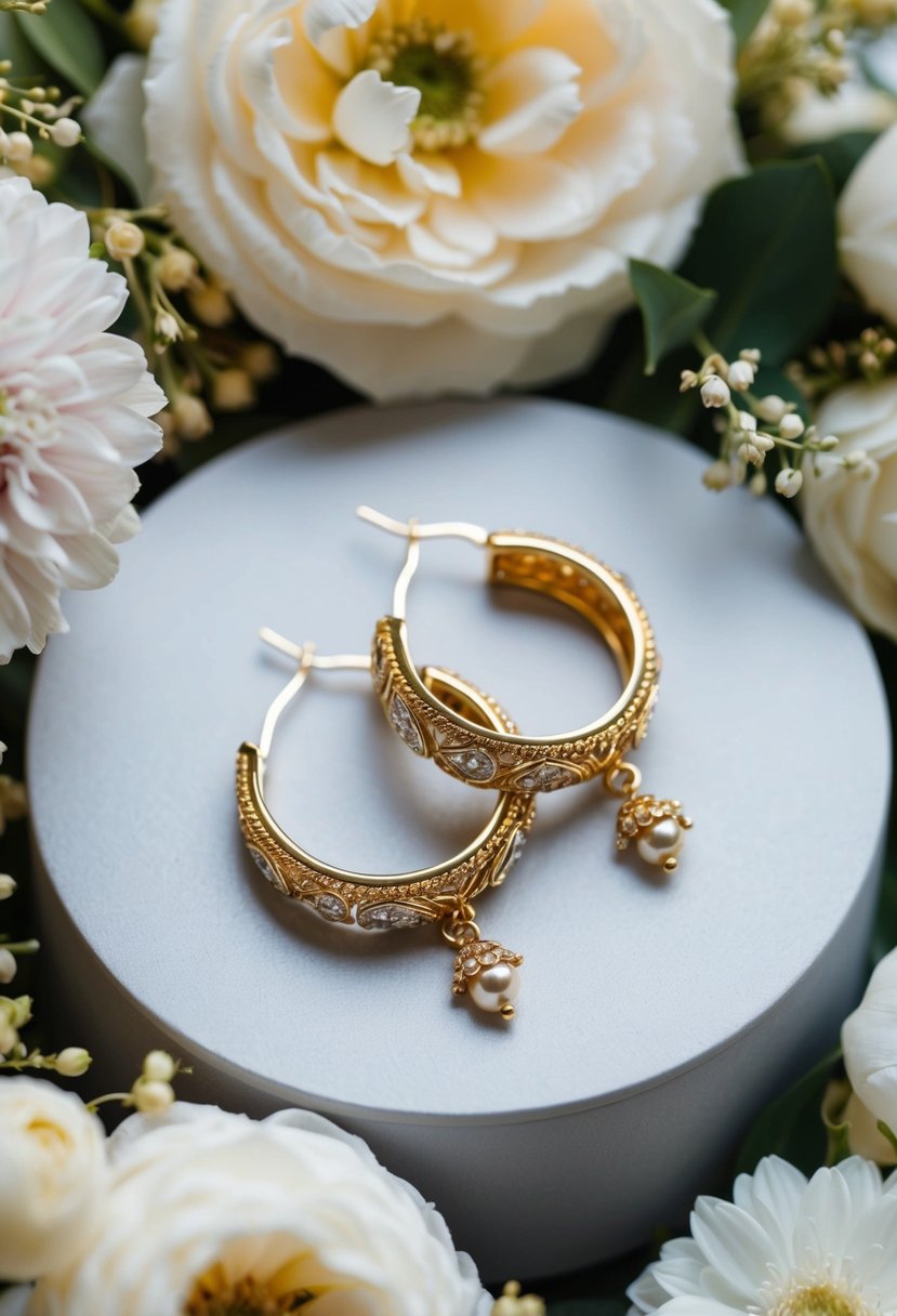 A pair of gold hoop earrings with intricate designs and delicate dangles, surrounded by elegant wedding decor and floral arrangements