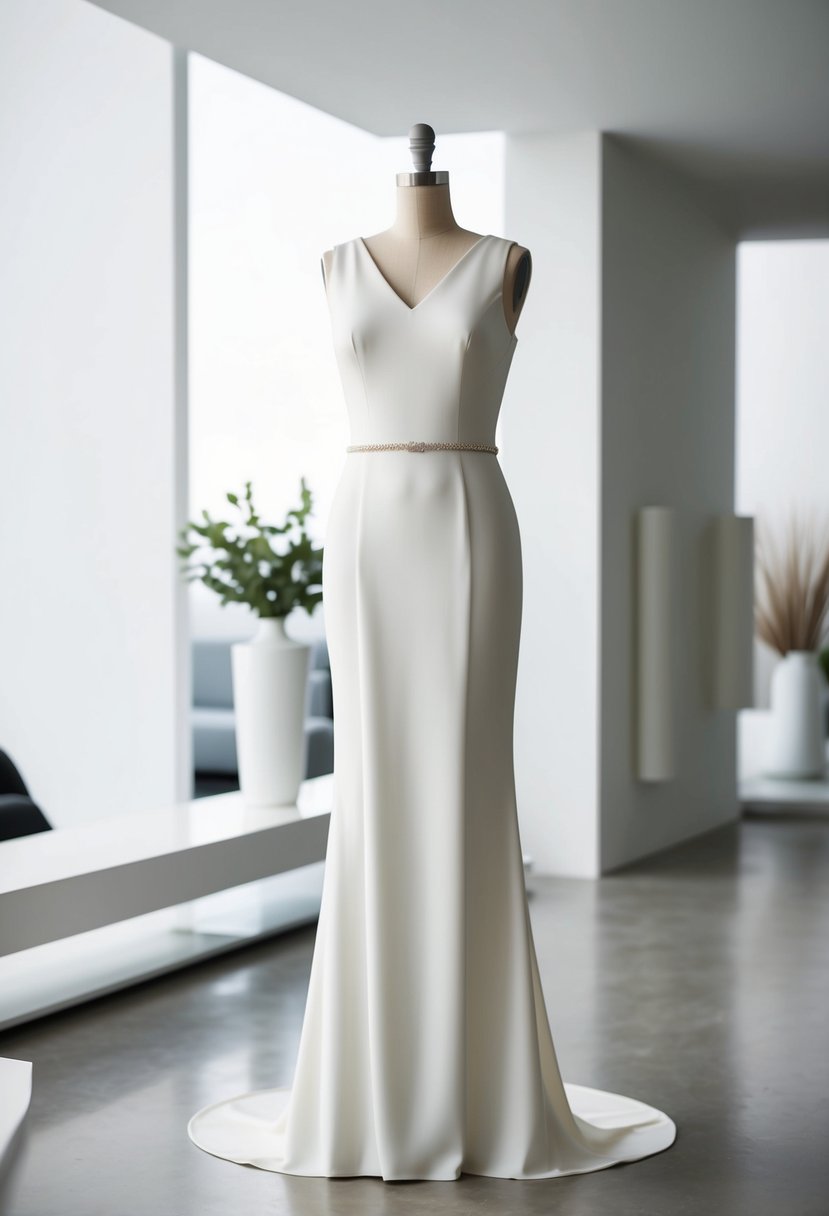 A sleek, minimalist column dress with clean lines and no lace, set against a modern backdrop with minimalistic decor