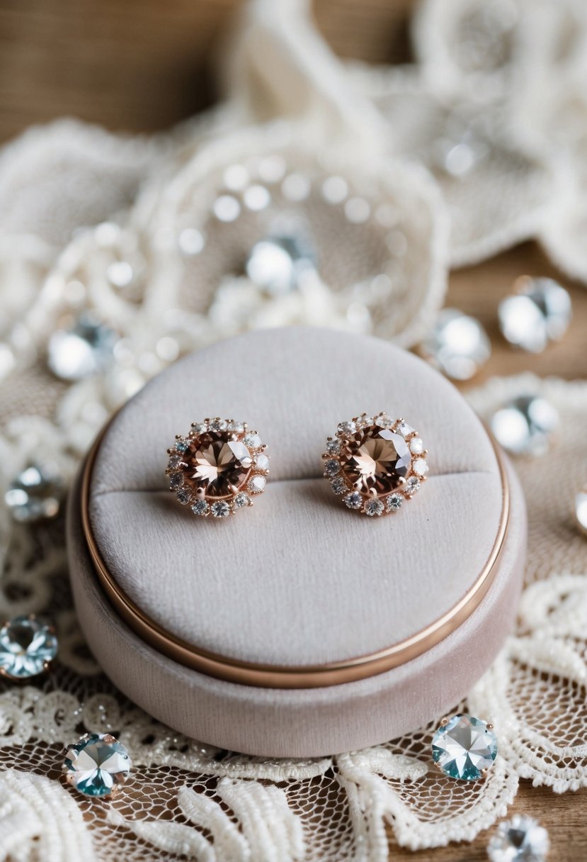 A pair of elegant rose gold studs displayed on a velvet cushion, surrounded by delicate lace and sparkling crystals