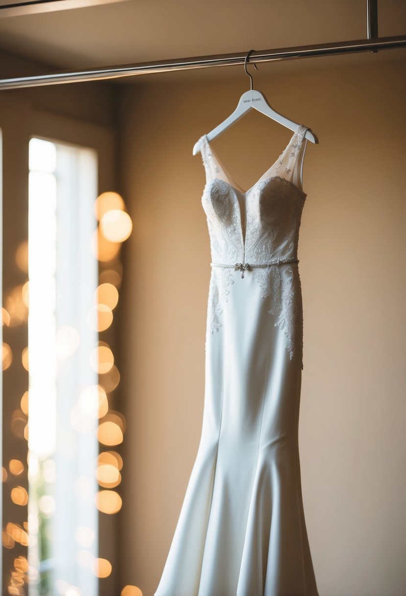 A flowing sheath silhouette wedding dress on a hanger