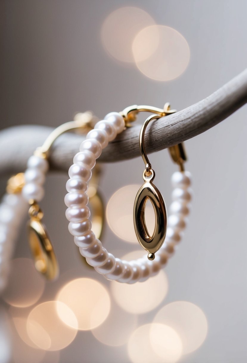 A close-up of delicate pearl hoop earrings, reflecting light and elegance, with a hint of infinity symbol