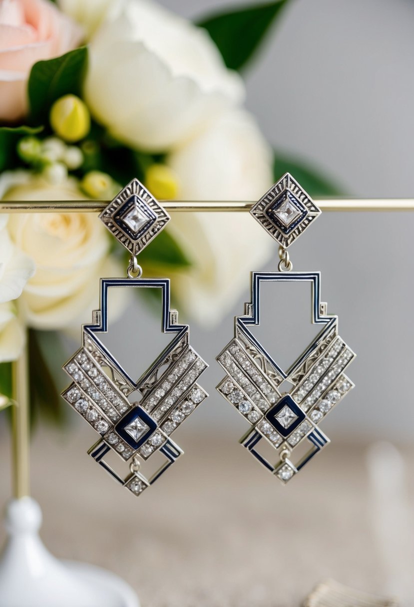 Elegant Art Deco earrings with geometric patterns and intricate details, featuring mother of the bride wedding ideas