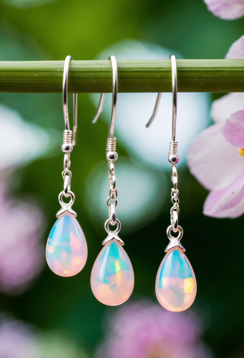 Soft pink opal drops dangle from delicate silver hooks, catching the light in a wedding setting