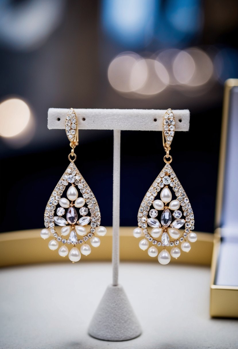 A pair of elegant teardrop-shaped earrings made of shimmering pearls and sparkling crystals, arranged on a delicate display stand