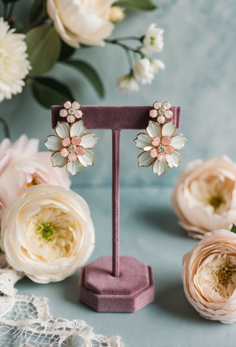 A pair of elegant statement floral earrings displayed on a velvet jewelry stand, surrounded by soft pastel-colored silk flowers and delicate lace fabric