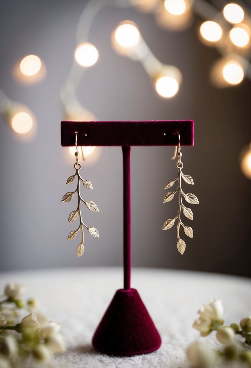 A pair of delicate vine earrings displayed on a velvet jewelry stand, surrounded by soft, romantic lighting