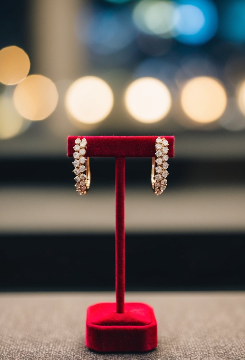 A pair of delicate, shimmering earrings displayed on a velvet jewelry stand