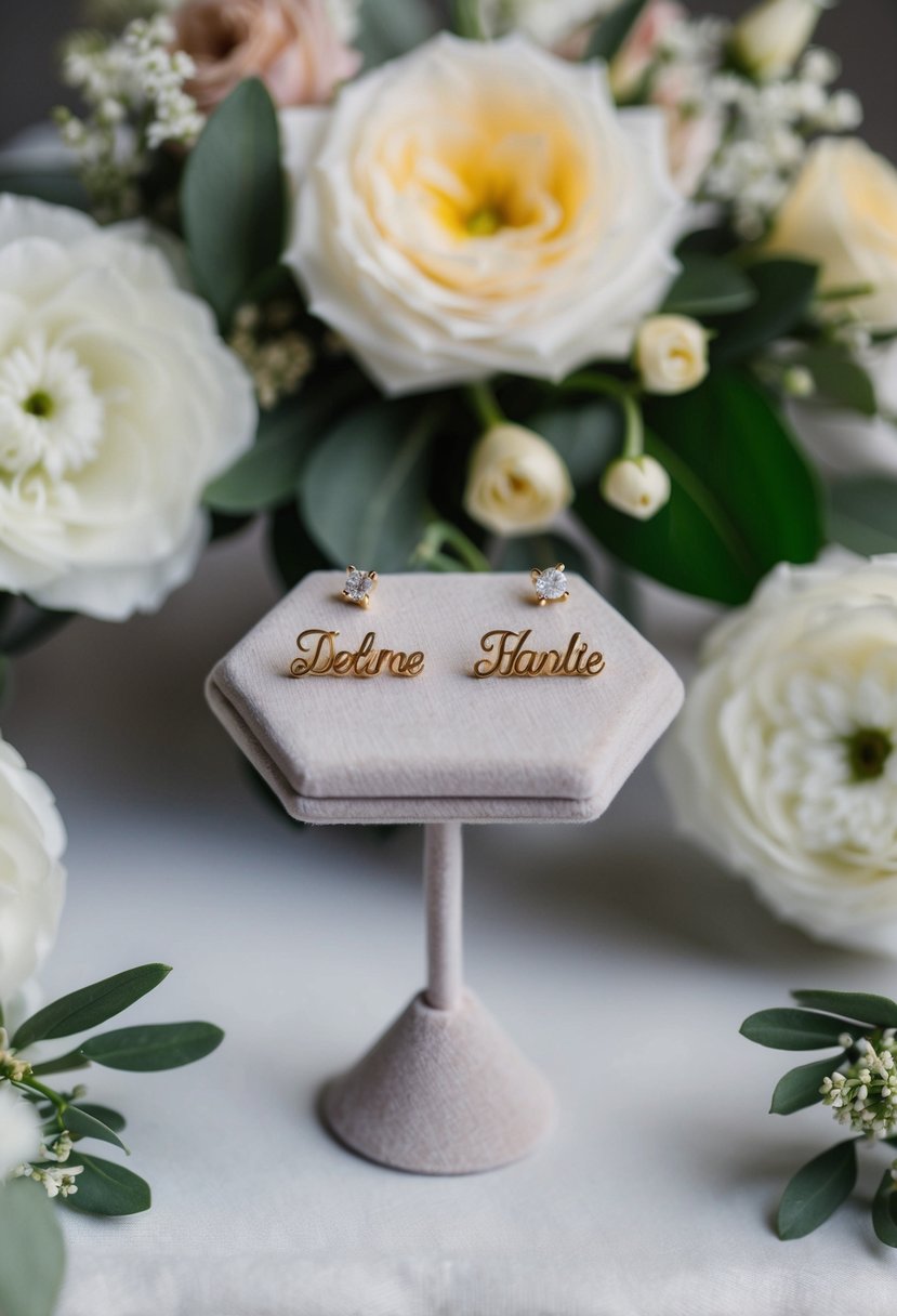 A delicate pair of personalized name studs displayed on a velvet jewelry stand, surrounded by elegant wedding-themed decor and floral arrangements