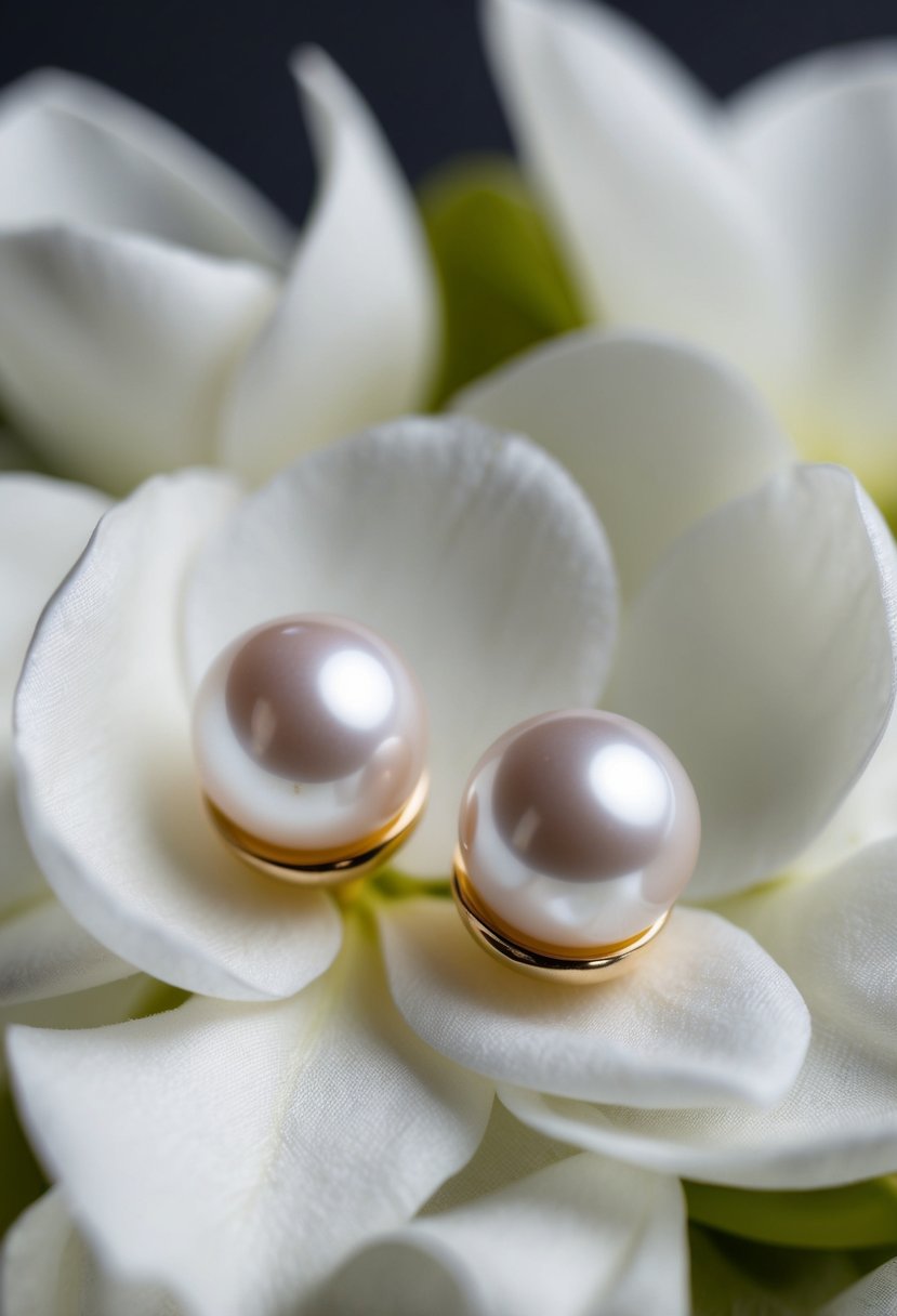 Two delicate pearl studs resting on a bed of soft, white silk petals