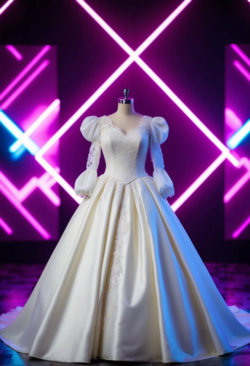 An 1980s style wedding dress with puffy sleeves, lace details, and a voluminous skirt, set against a backdrop of neon lights and geometric patterns