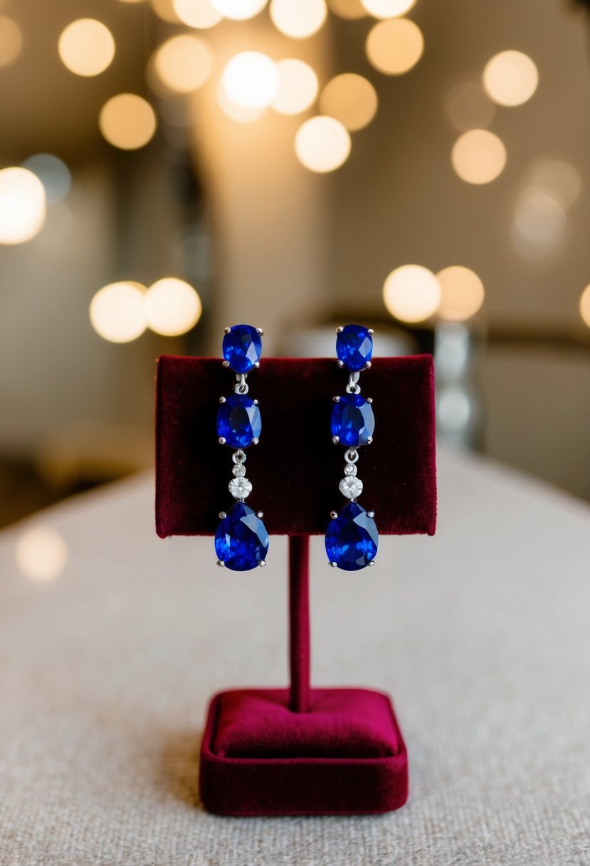 Sapphire earrings displayed on a velvet cushion with soft lighting