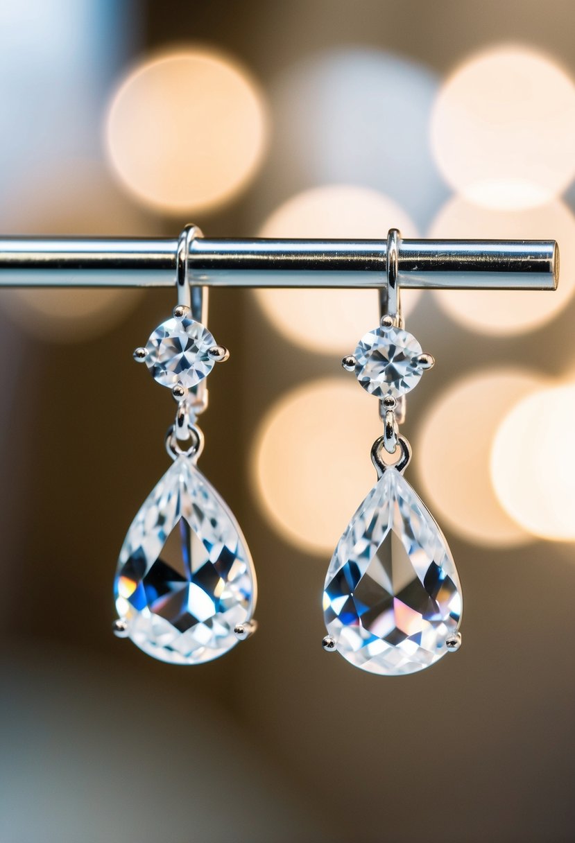 Two delicate crystal teardrop earrings dangling from a small display stand, catching the light and sparkling with elegance