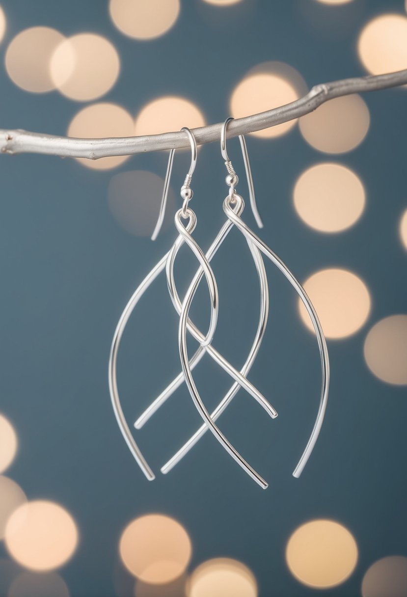 Delicate silver lines intertwine, forming elegant earrings