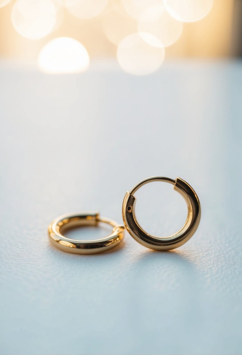 Two small gold hoops on a white surface, with soft lighting