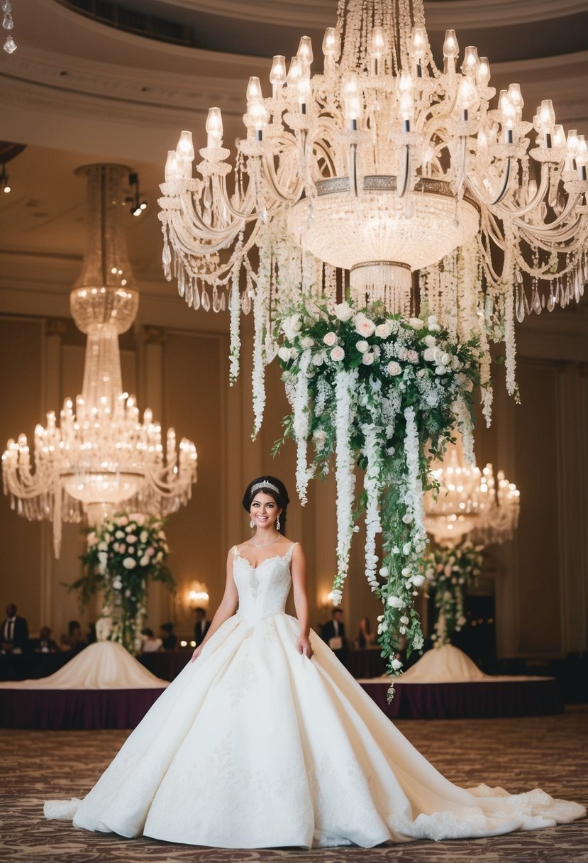 A grand ballroom with crystal chandeliers, adorned with cascading flowers, and a regal 1980s-style wedding gown reminiscent of Princess Diana's iconic dress