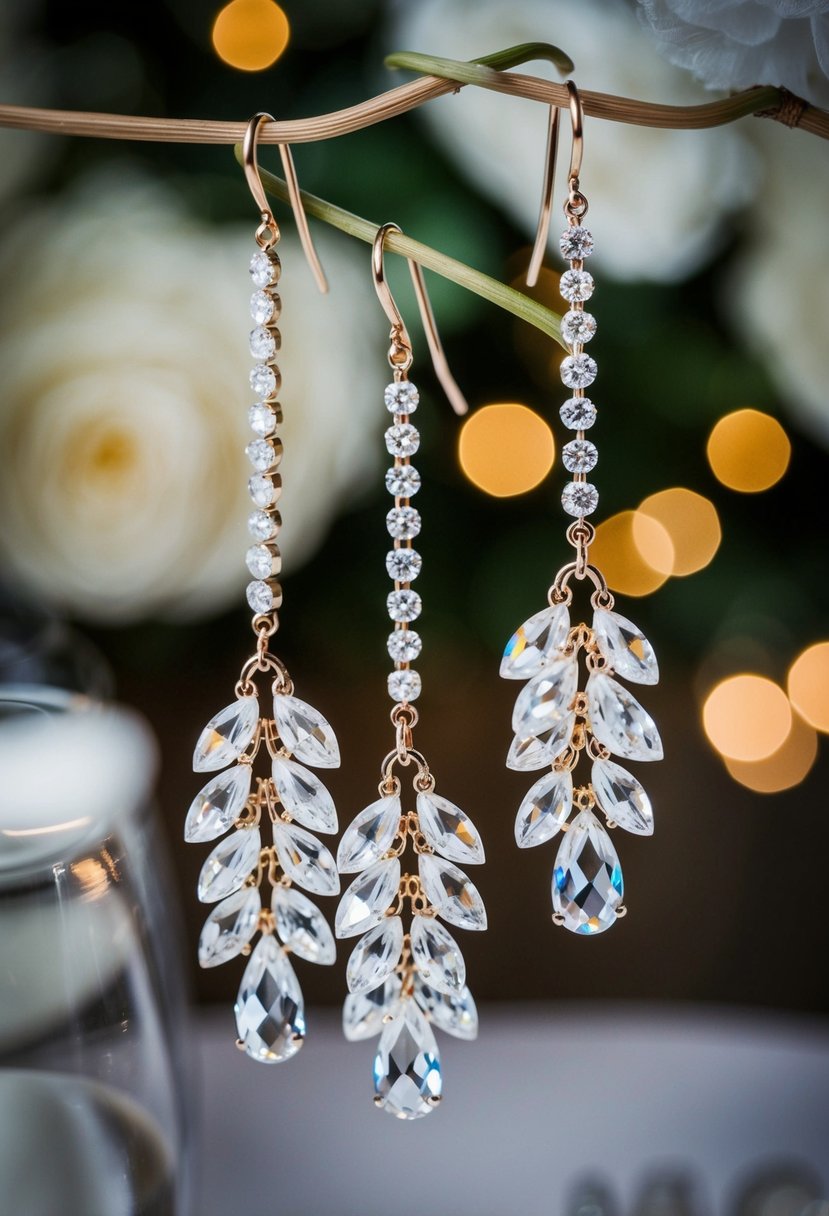 Glistening crystal clusters dangle from elegant earrings, catching the light at a sophisticated wedding reception