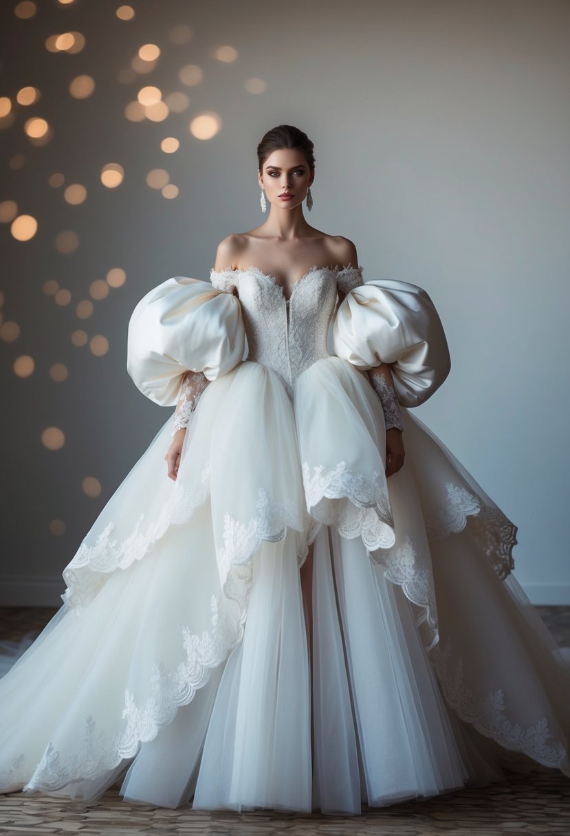 A voluminous, off-the-shoulder wedding gown with exaggerated puffed sleeves, layered tulle skirt, and intricate lace details